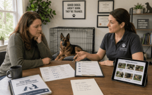 Owner consulting with professional dog trainer about rehoming an aggressive dog safely