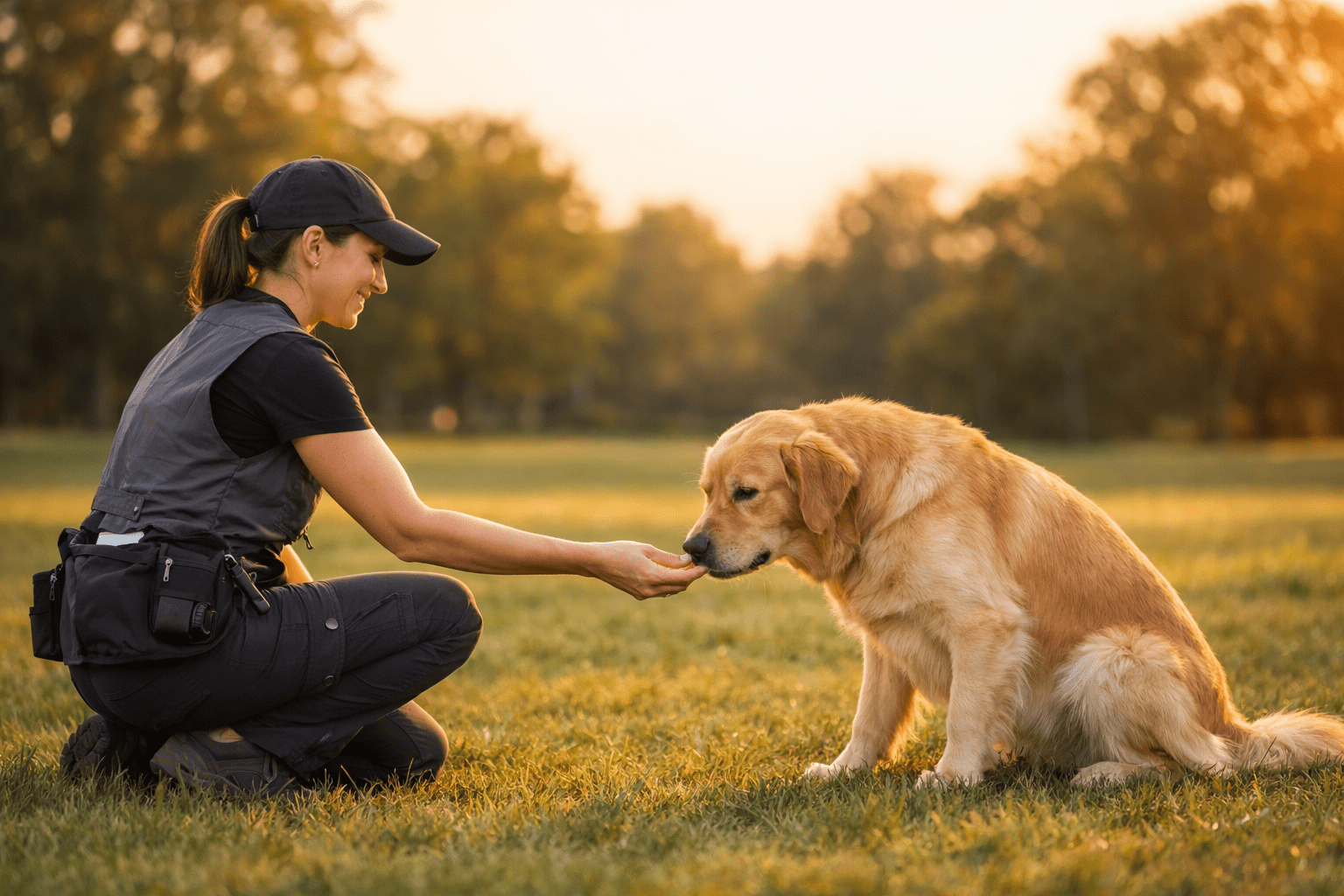 A woman in outdoor gear kneels on grass, smiling as she feeds a treat to a golden retriever sitting in a park at sunset. The scene is warm and peaceful, with trees blurred in the background.
