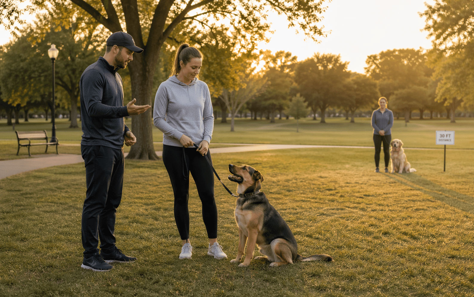 Professional trainer helping owner socialize reactive dog on leash using positive reinforcement techniques