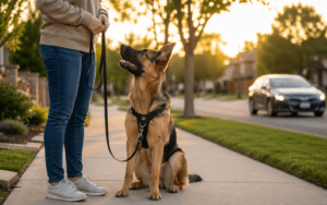Owner training focused dog to stop chasing cars on quiet suburban street