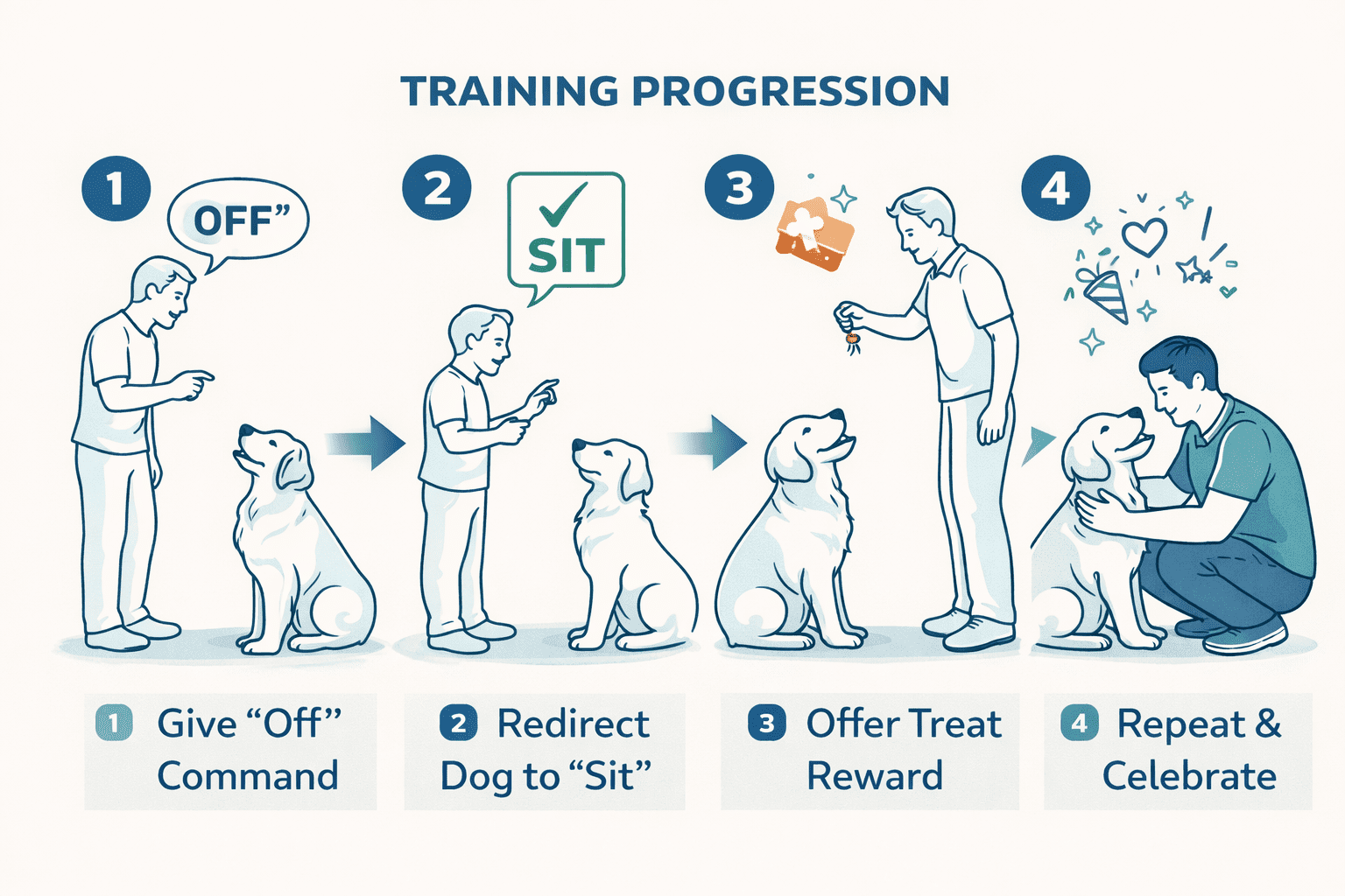 Why Does My Dog Lick Me So Much? Understanding Your Dog's Behavior 5 Illustration showing dog training progression: 1. Owner gives “Off” command. 2. Redirects dog to “Sit.” 3. Rewards dog with treat. 4. Repeats and celebrates with the dog.