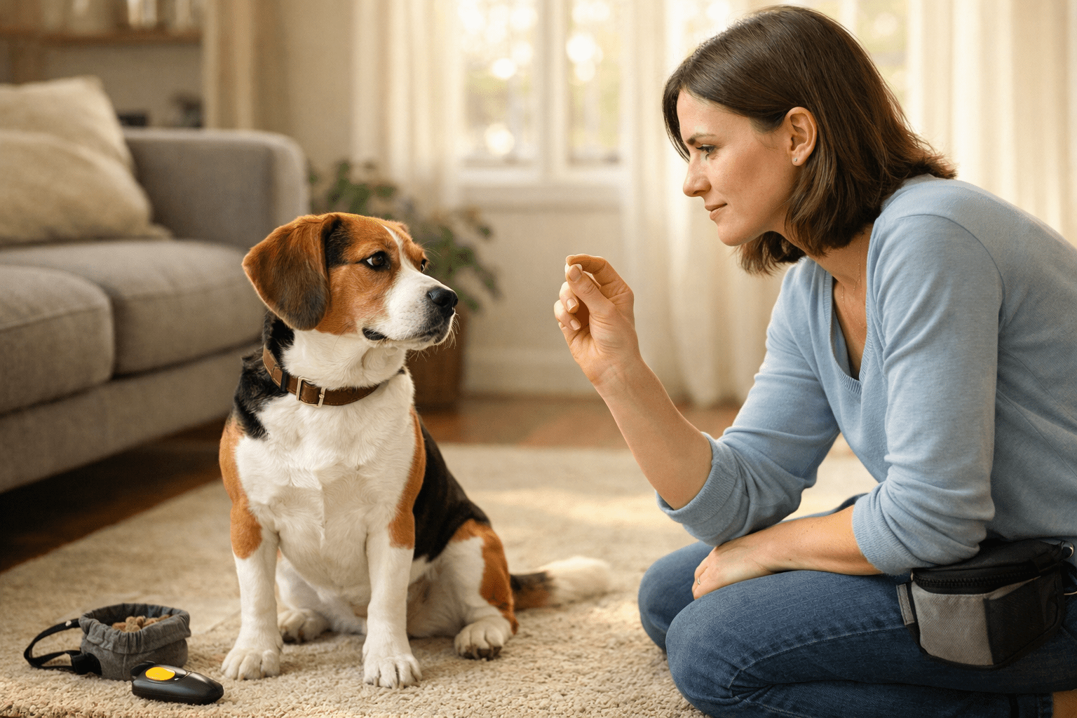 A woman kneels on a carpet in a living room, holding a treat and training a beagle dog who sits attentively in front of her. A clicker and a dog leash lie on the floor nearby.
