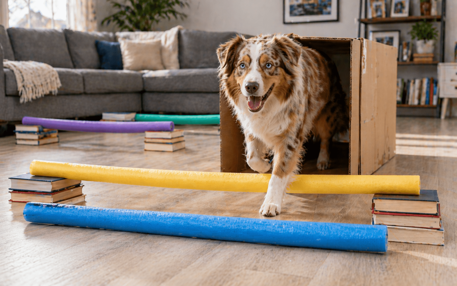 How to Entertain Your Dog Indoor: Games, Activities, and Mental Stimulation 4 Australian Shepherd navigating homemade indoor obstacle course with boxes and tunnels