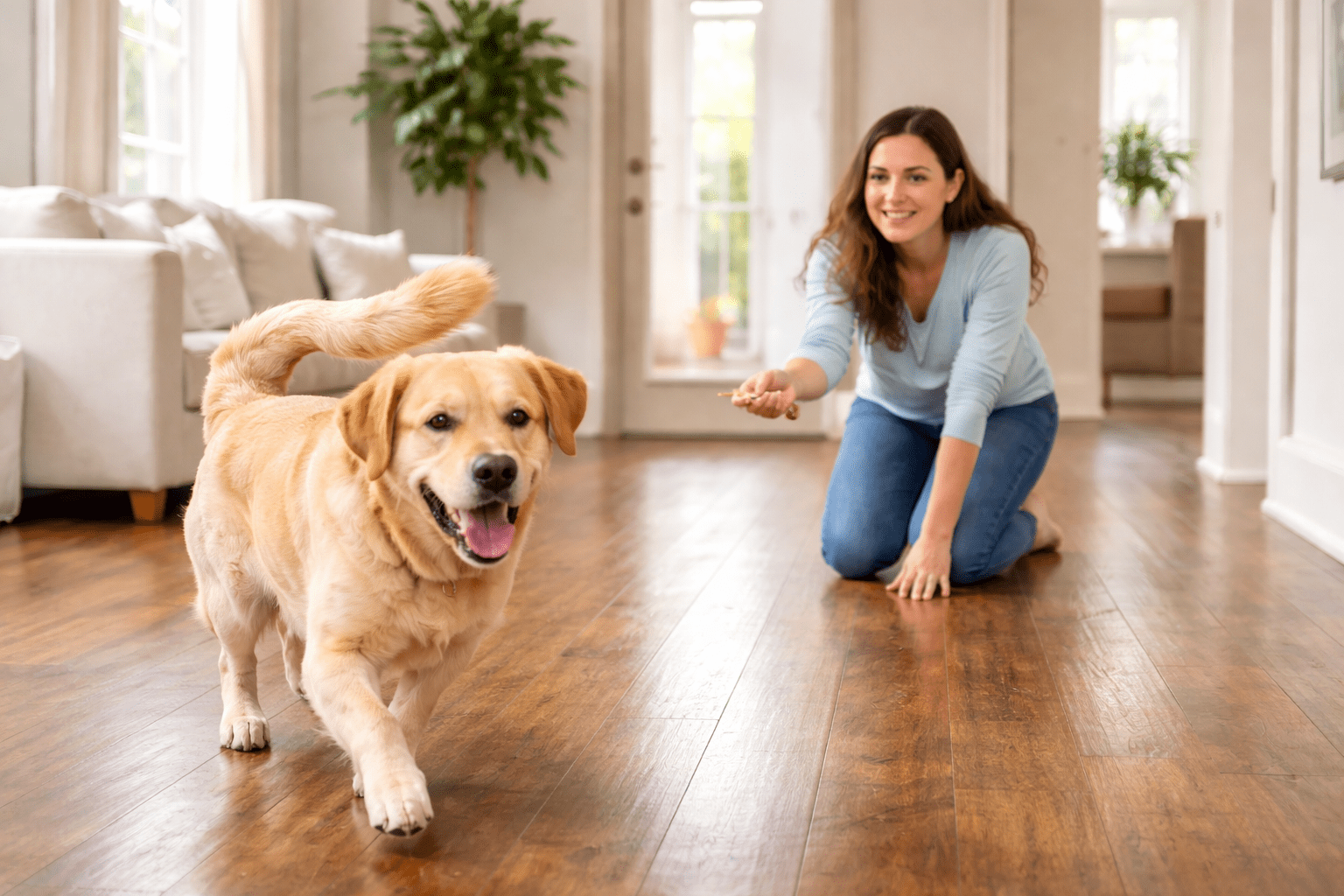 How to Teach Dog to Come: Complete Training Guide 3 A smiling woman kneels on a wooden floor in a bright living room, holding out her hand as a happy yellow Labrador retriever walks toward her.