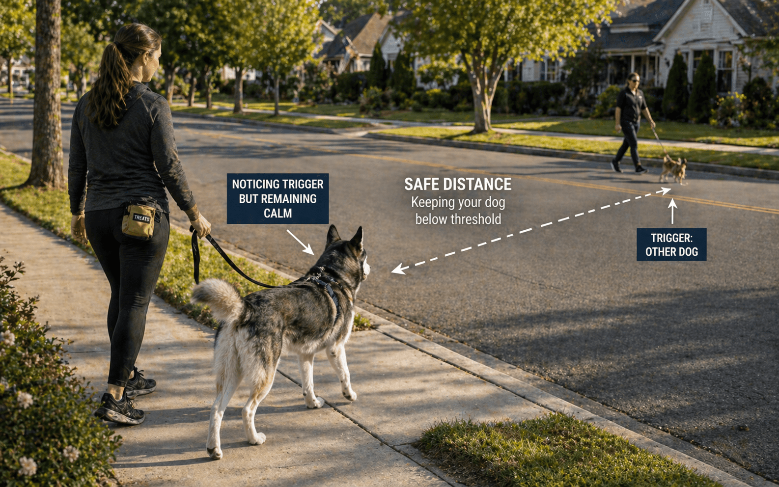 Reactive vs Aggressive Dog: How to Tell the Difference 6 Dog owner managing reactive dog at safe threshold distance during walk