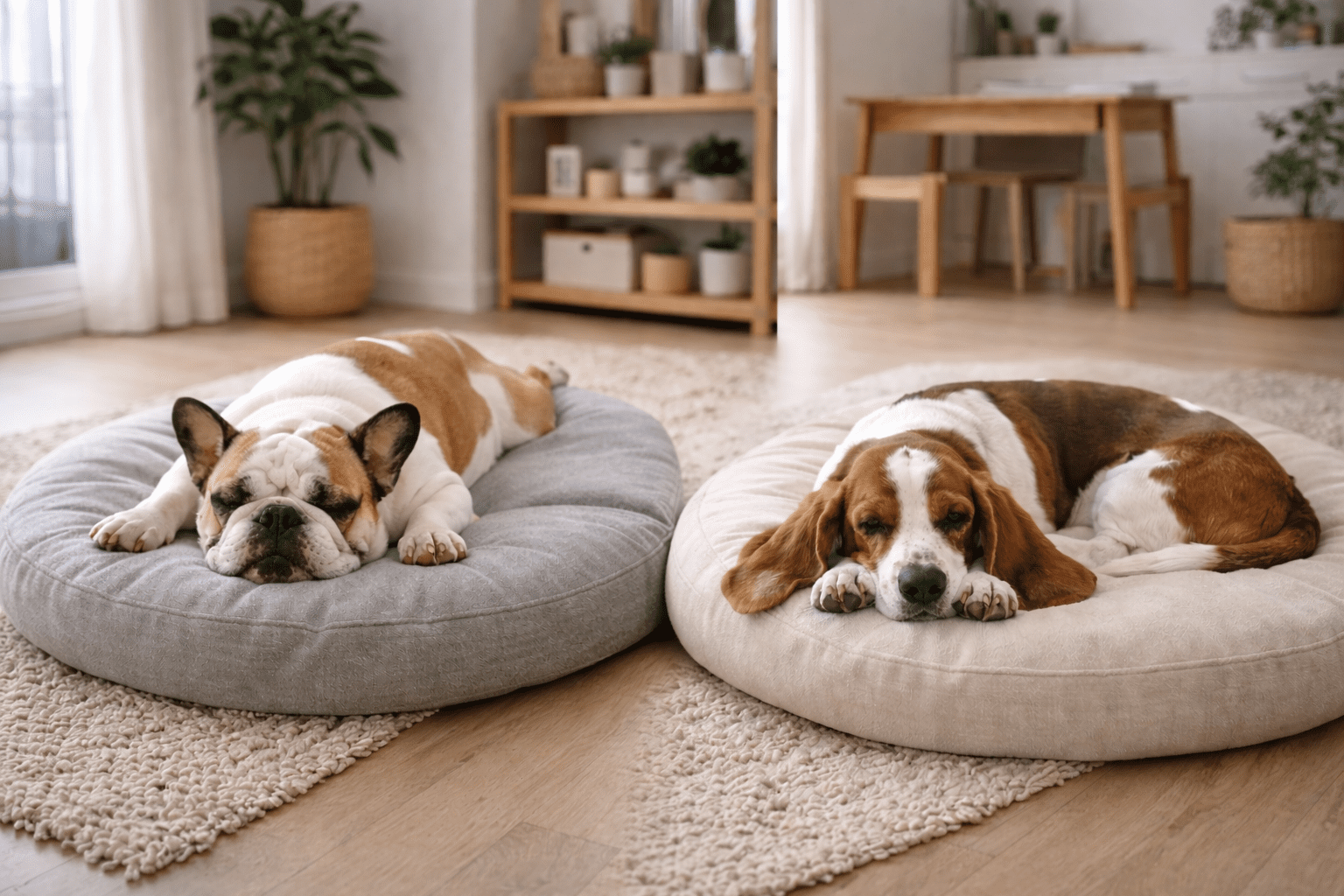 15 Best Dog Breeds for Apartments:Top Picks for Small Spaces 2 Two dogs, a bulldog and a basset hound, are lying on separate round pet beds in a cozy, sunlit living room decorated with plants, wooden furniture, and neutral tones. Both dogs look relaxed and sleepy.