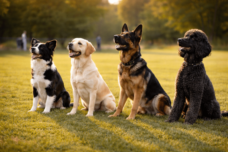 Multiple highly most trainable dog breeds including Border Collie, Golden Retriever, and German Shepherd sitting obediently in outdoor training class