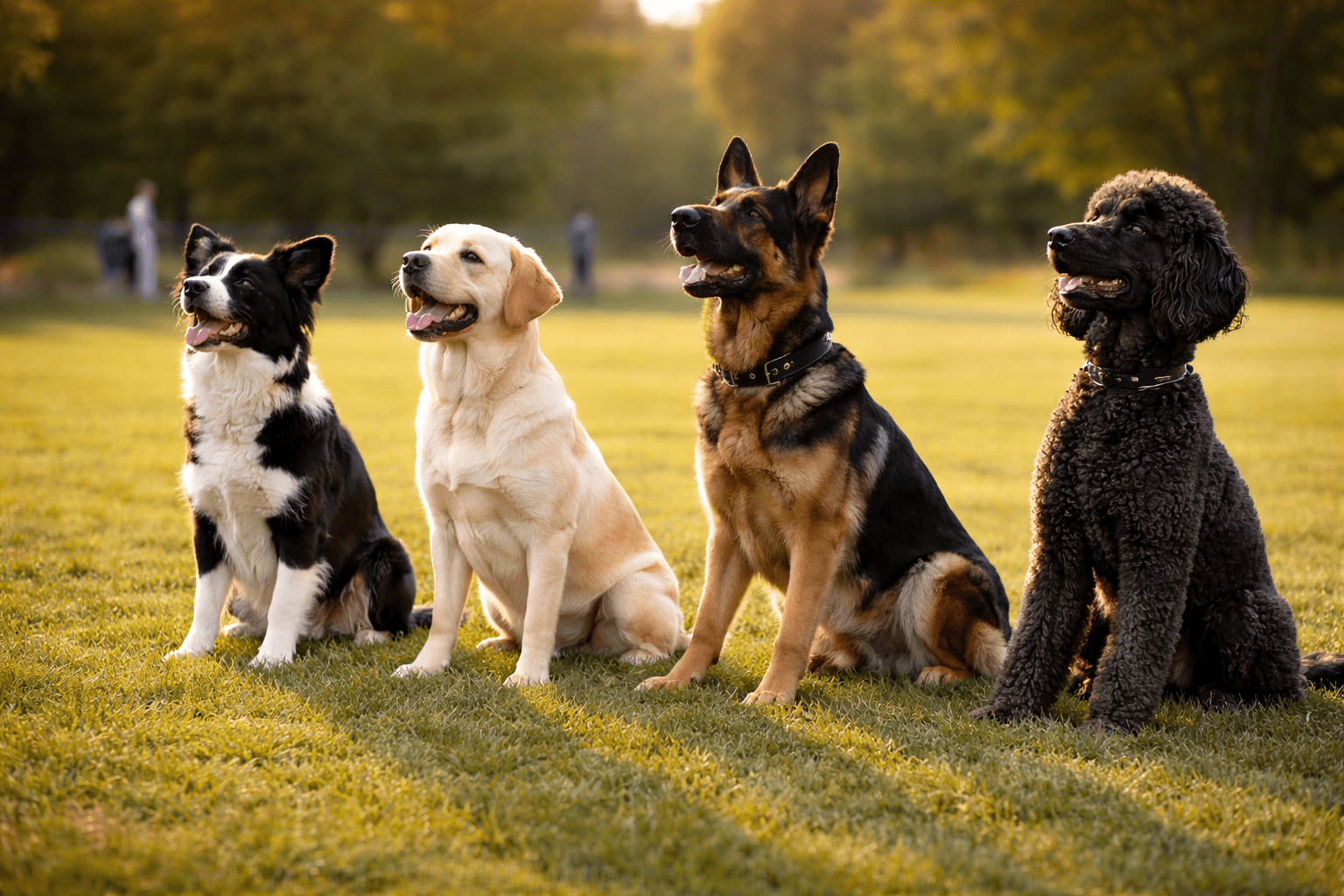 Multiple highly most trainable dog breeds including Border Collie, Golden Retriever, and German Shepherd sitting obediently in outdoor training class