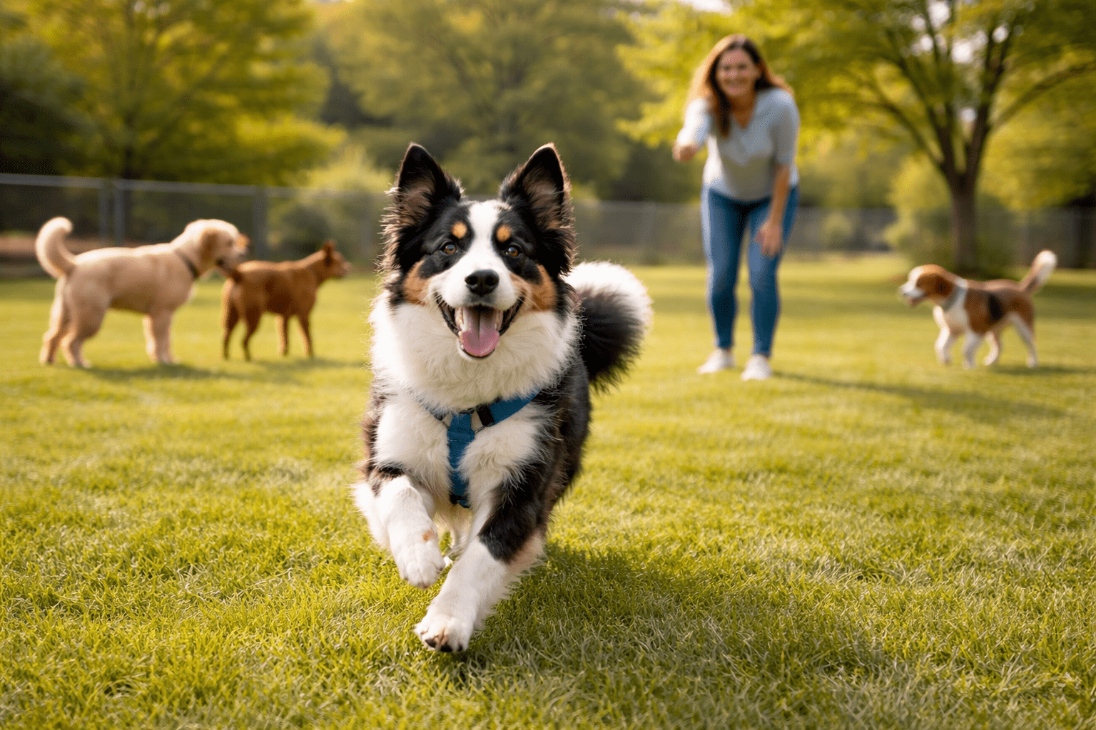 A happy black and white dog runs toward the camera in a sunny park, with a smiling woman and three other dogs playing in the background.
