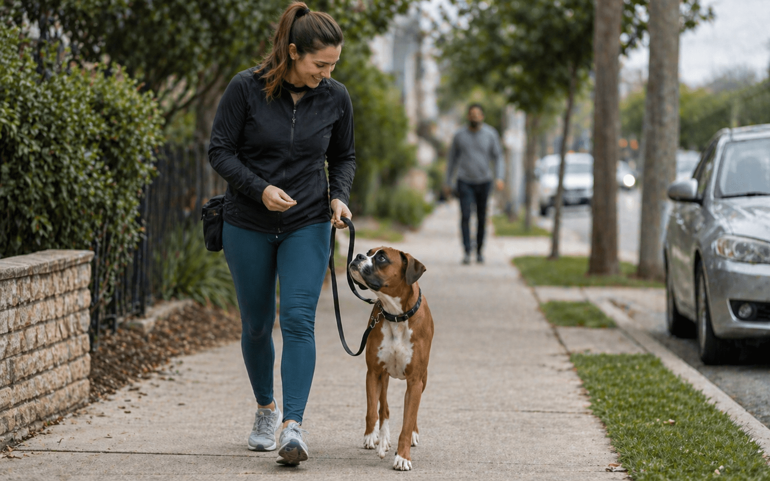 How to Get Your Dog's Attention When Distracted: Fixes That Actually Work 3 A woman in athletic wear walks a brown and white dog on a leash along a sidewalk. Trees and parked cars line the street, and another person walks in the background.