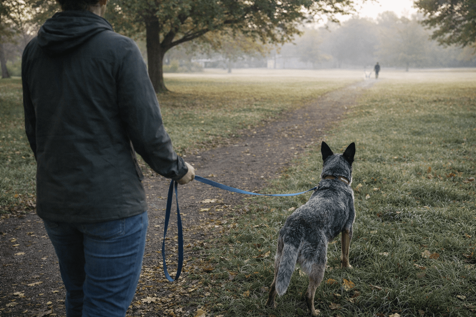 Redirected Aggression in Dogs: What It Is and How to Handle It 4 A person holding a blue leash walks a dog along a tree-lined path in a park on a misty morning. Another figure and dog are visible in the distance. The ground is covered with fallen leaves.