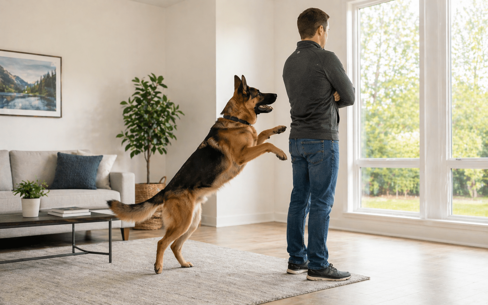 How to Train a Dog Not to Jump: A Complete Guide 1 Owner demonstrating proper technique by turning away from jumping German Shepherd