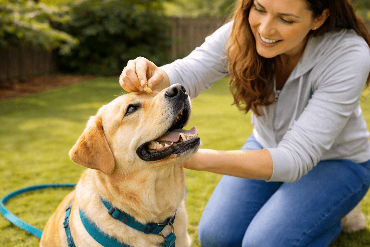 How to Teach Dog to Come: Complete Training Guide 5 A smiling woman crouches on grass and holds a treat above the nose of a happy yellow Labrador wearing a blue harness, preparing to reward the dog outdoors.