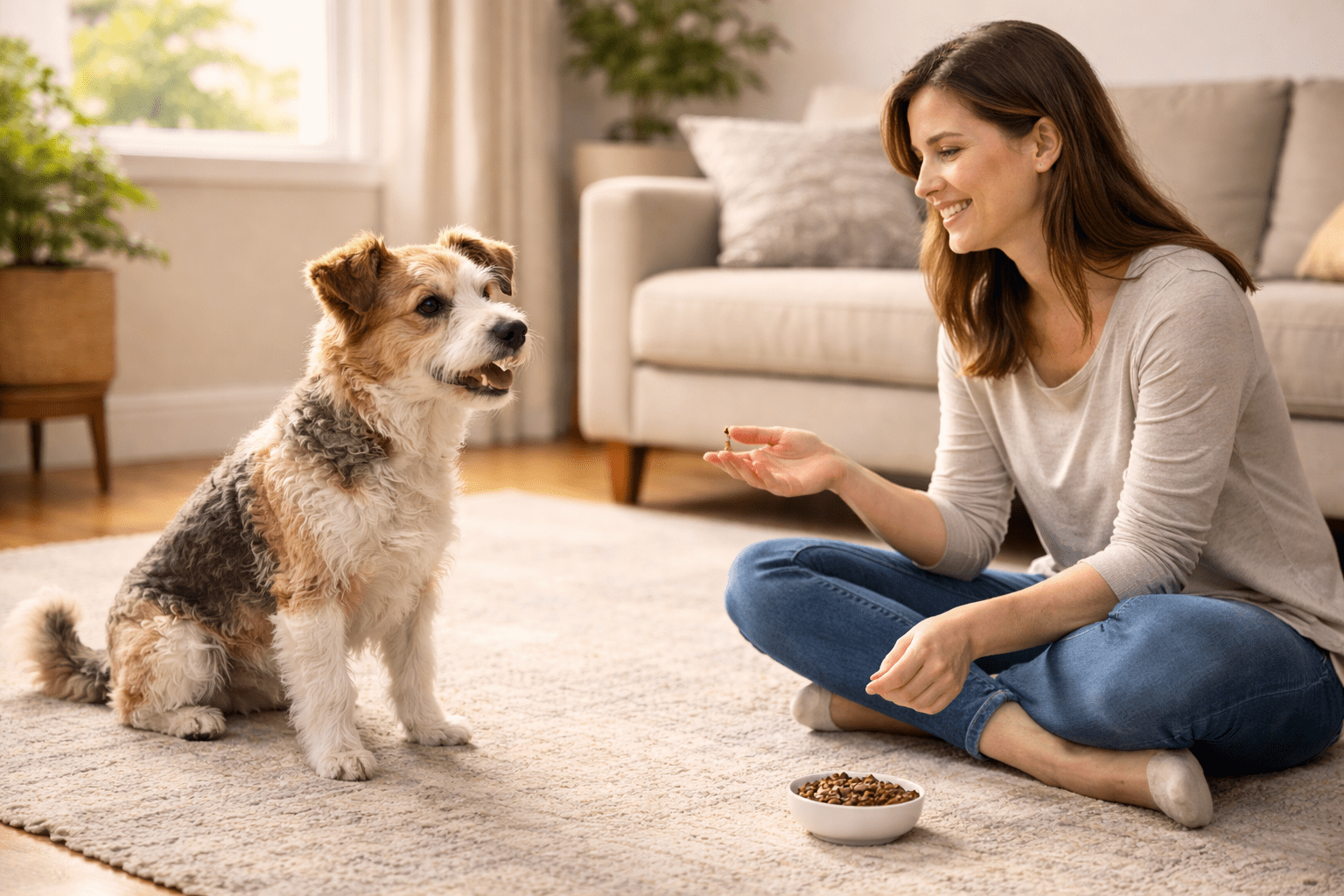 How Do Dogs Know Their Name? The Science Behind Name Recognition 4 A woman sits cross-legged on a carpeted floor, smiling and holding a treat while training a small, fluffy dog. A bowl of dog food is in front of them in a cozy living room setting.