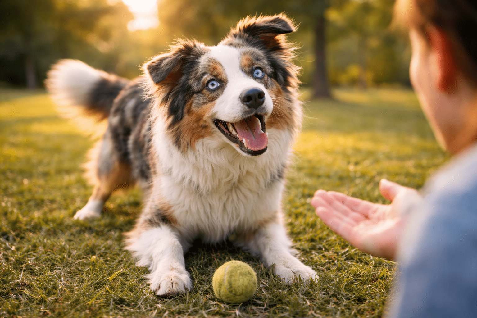 How Do Dogs Know Their Name? The Science Behind Name Recognition 6 A happy Australian Shepherd dog with blue eyes crouches playfully on grass, looking at a person. A tennis ball lies in front of the dog, and sunlight filters through trees in the background.