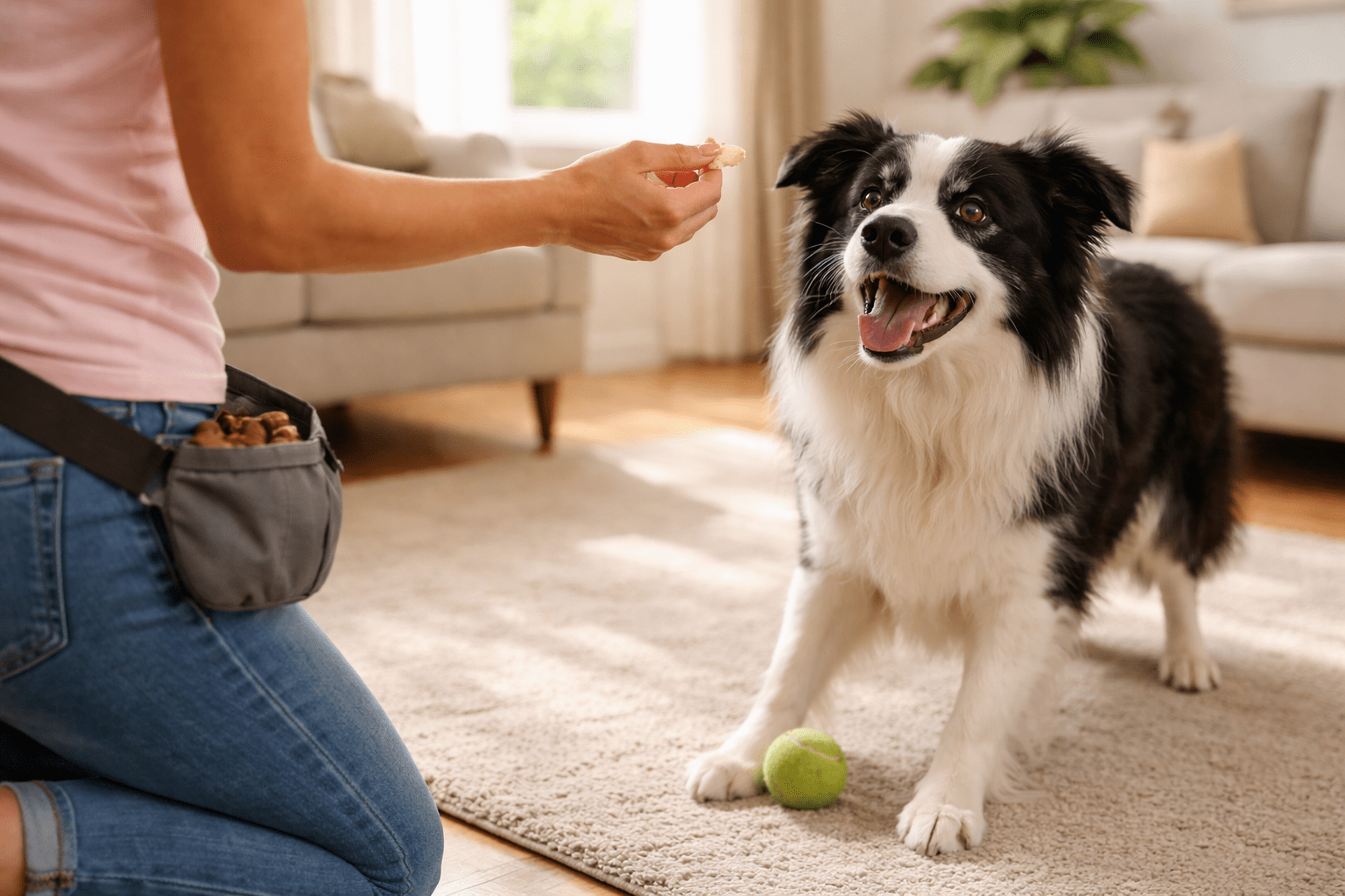 How to Stop Resource Guarding in Dogs 3 A person kneels on a rug, holding a treat in front of a happy black and white Border Collie sitting next to a tennis ball in a bright living room. The person has a treat pouch attached to their waist.