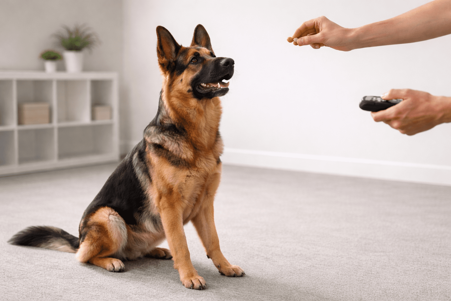 How to Train a German Shepherd: Complete Guide for Success 2 A German Shepherd sits attentively on a carpeted floor, looking up at a person’s hand holding a treat and a clicker, during a training session in a bright, minimal room.