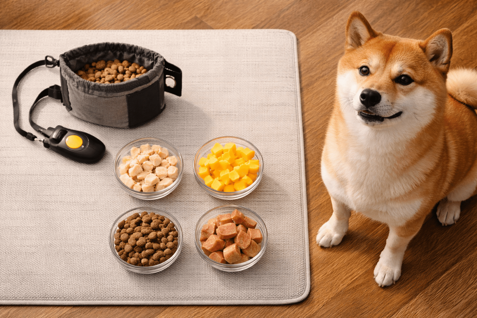 How to Train a Stubborn Dog 2 A Shiba Inu sits on a wooden floor next to a beige rug. On the rug are four glass bowls with different dog treats, a treat pouch, and a clicker. The dog looks up, appearing happy and expectant.