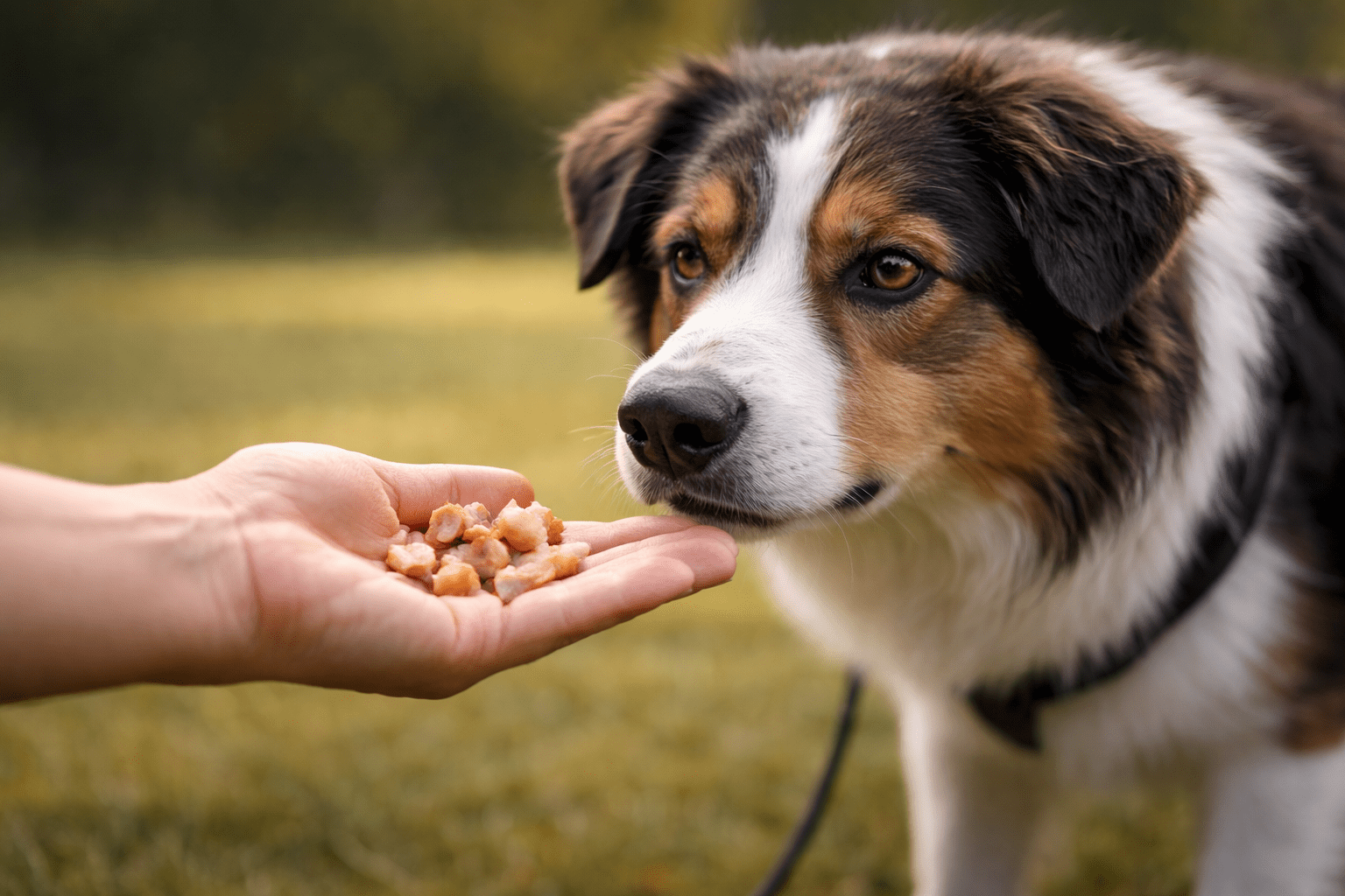 How to Socialize a Fearful Dog 3 A close-up of a person’s hand holding small pieces of food in front of a brown, black, and white dog wearing a harness, outdoors on grass. The dog is looking curiously at the food.