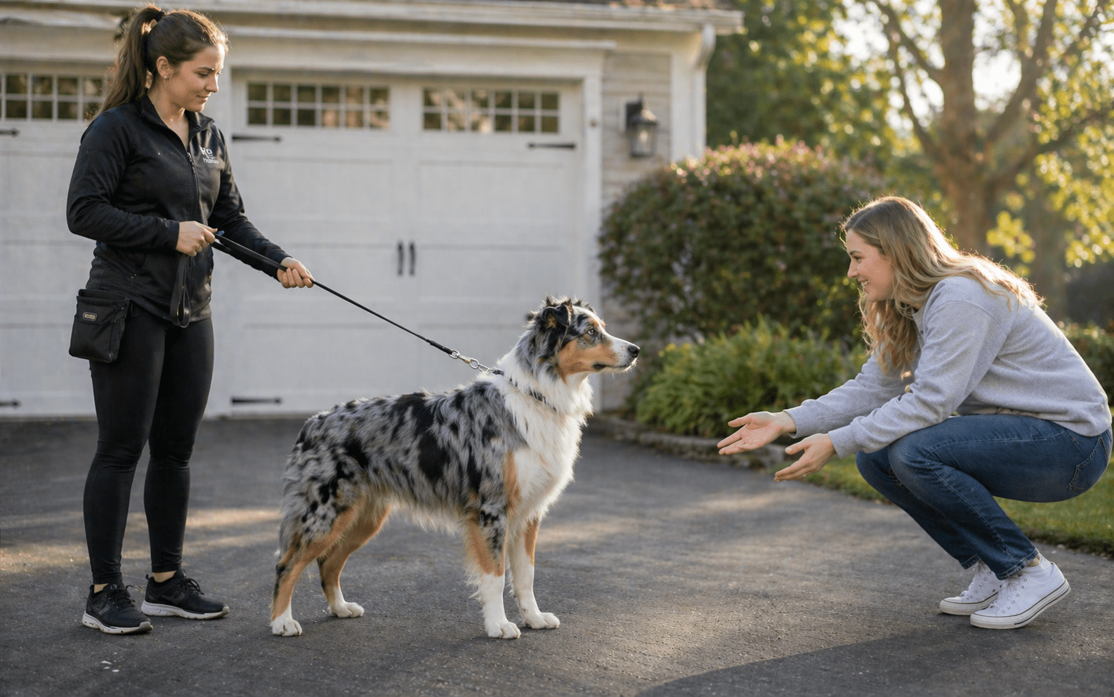How to Train a Dog Not to Jump: A Complete Guide 2 Trainer using leash control to prevent Australian Shepherd from jumping during greeting practice