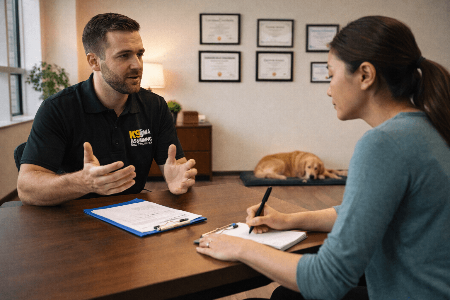 Redirected Aggression in Dogs: What It Is and How to Handle It 5 A man in a polo shirt labeled "K9 Dog Training" talks to a woman taking notes at a desk, with a clipboard in front of him. A golden retriever lies on the floor in the background.