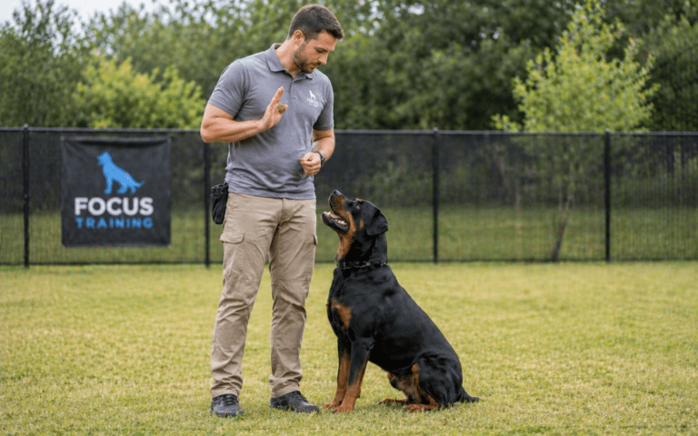 A man stands on grass, holding his hand up in a training gesture toward a large black and brown dog sitting and looking up at him. There's a fenced area and a "Focus Training" sign in the background.