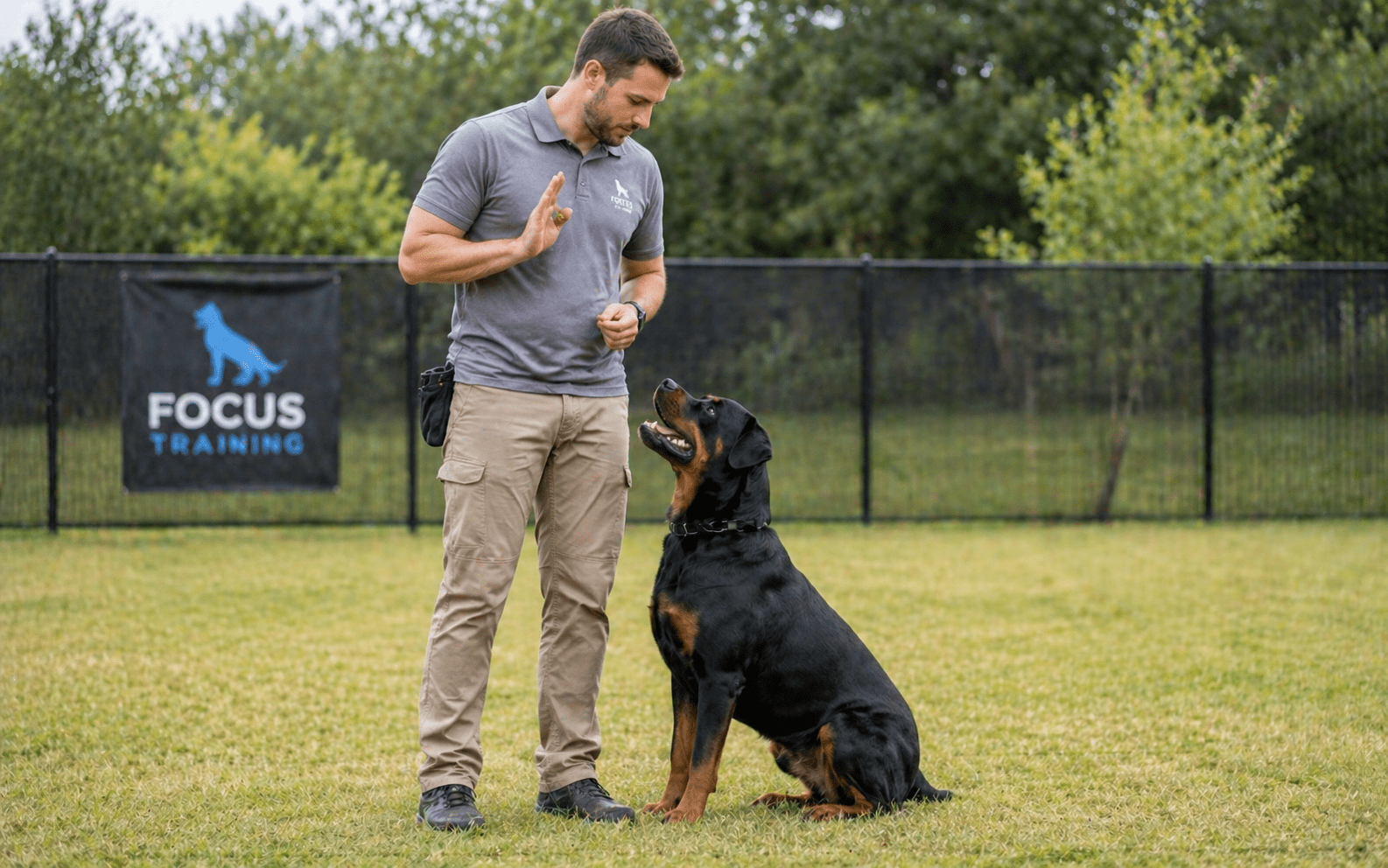 A man stands on grass, holding his hand up in a training gesture toward a large black and brown dog sitting and looking up at him. There's a fenced area and a "Focus Training" sign in the background.