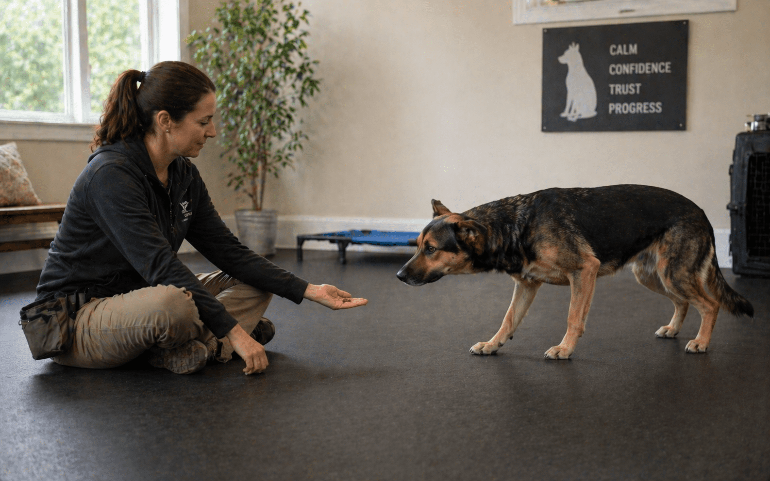 Why Is My Dog Hiding? Common Causes and What to Do 6 Professional dog trainer helping fearful hiding dog through behavior training