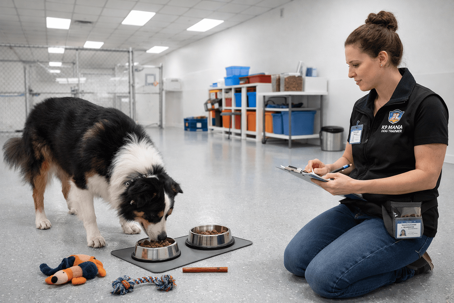 How to Stop Resource Guarding in Dogs 5 A woman kneels on the floor with a clipboard, observing a black and white dog eating from a bowl. Toys and a treat are on the floor nearby in a clean, indoor facility with kennels and storage shelves in the background.