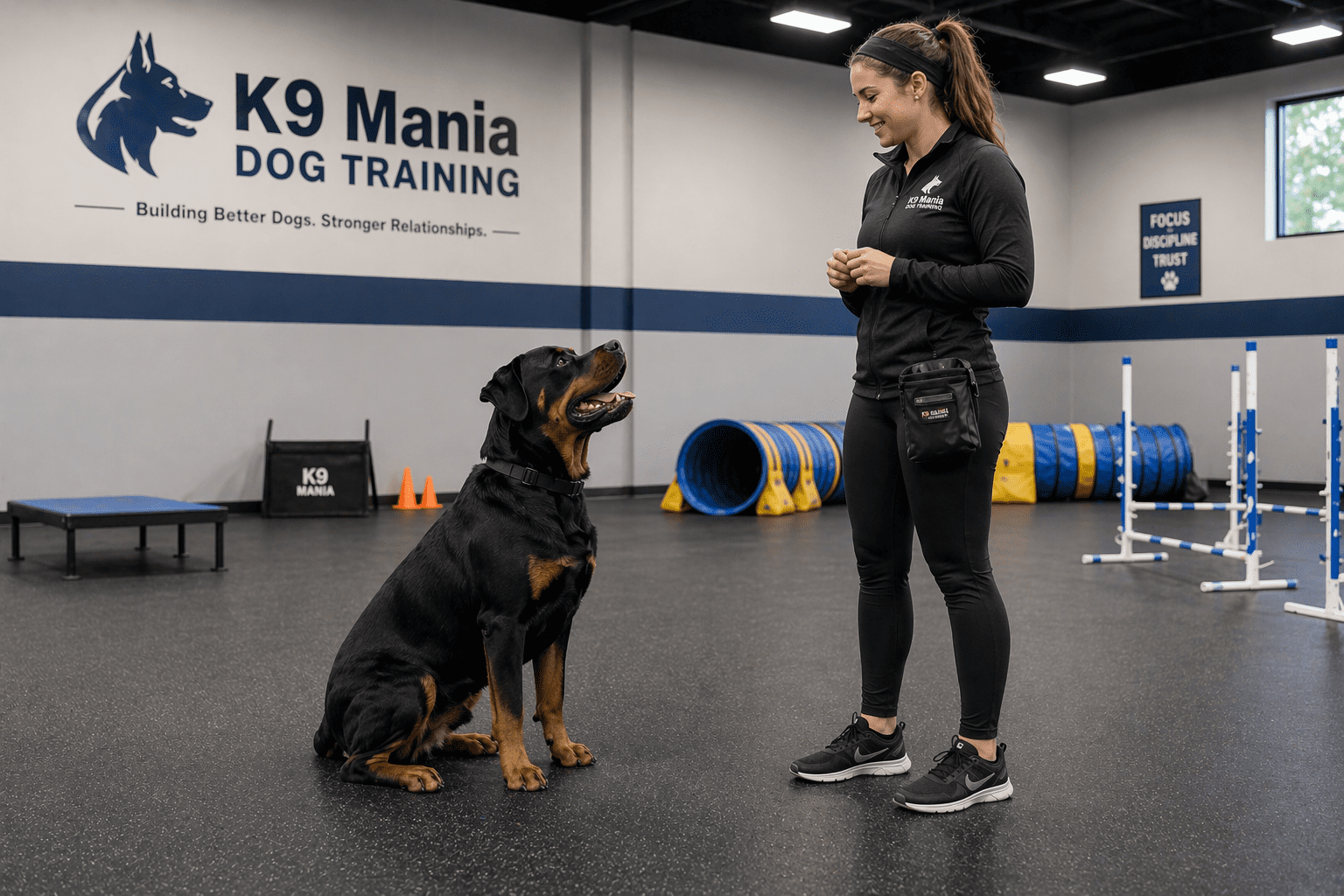 How to Train a Dog Not to Jump: A Complete Guide 4 Professional dog trainer teaching Rottweiler calm greeting behavior during training session