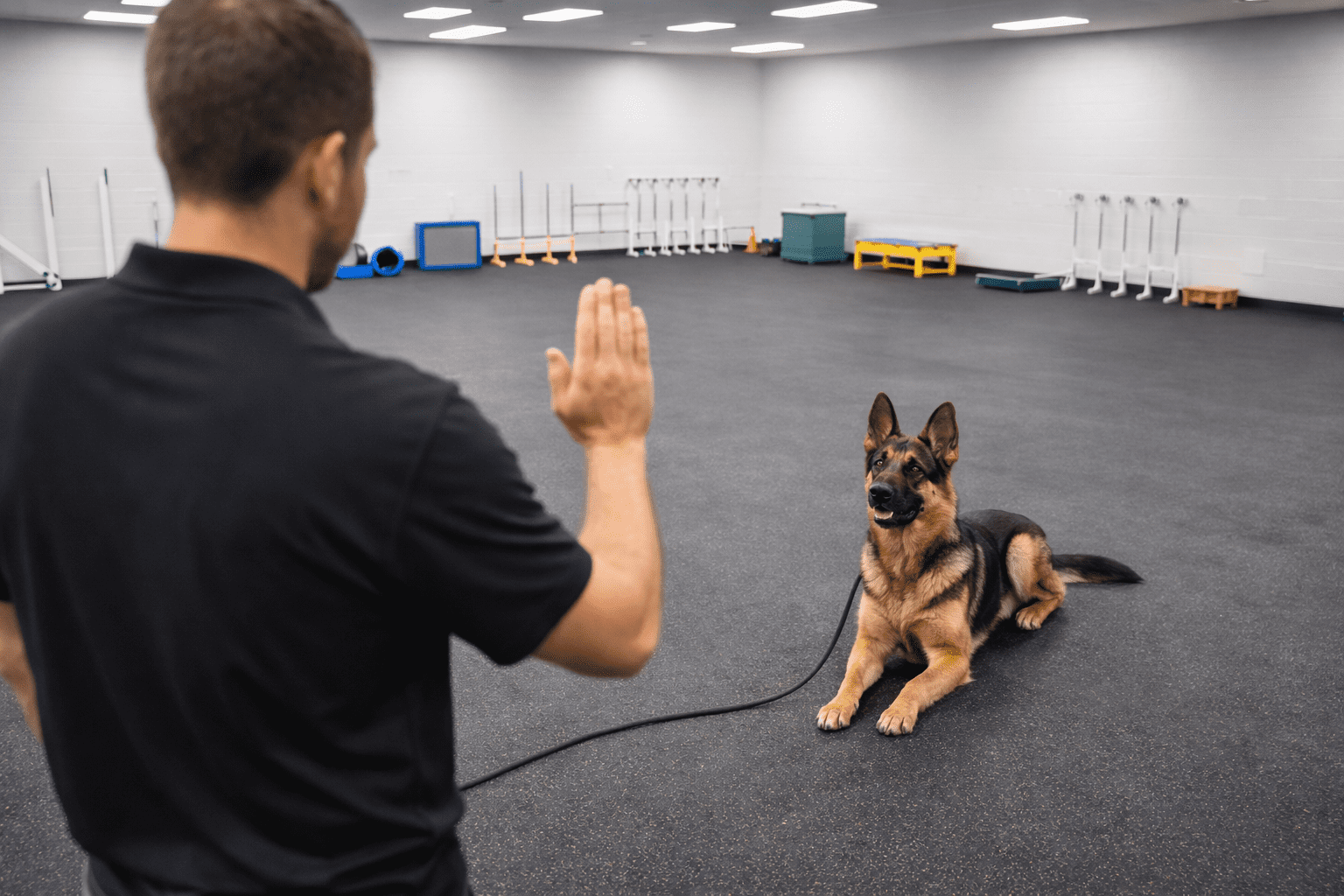 How to Train a German Shepherd: Complete Guide for Success 5 A man in black clothes holds up his hand, giving a command to a German Shepherd dog lying on the floor in a large, empty training room with agility equipment along the walls.