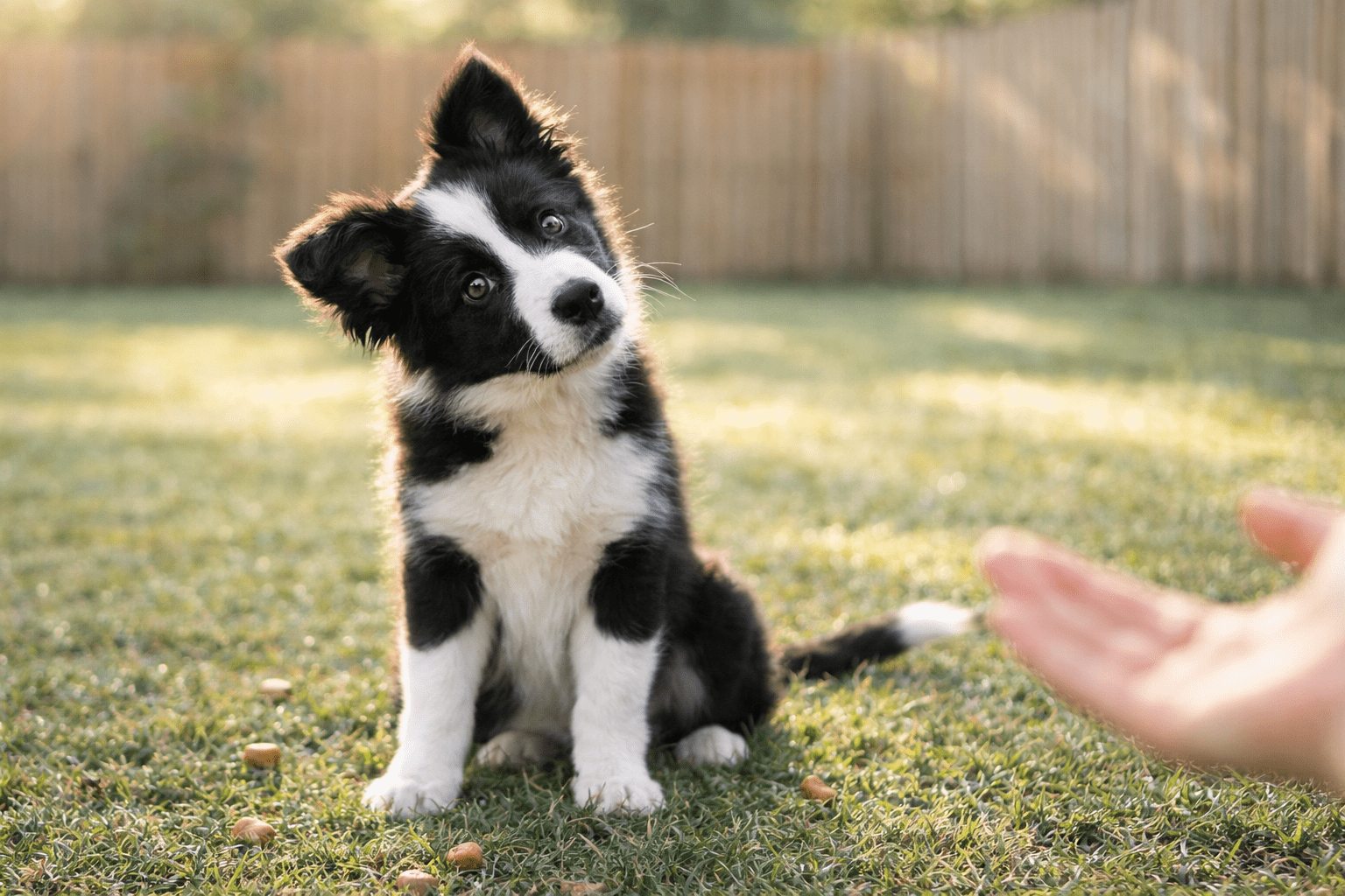 How Do Dogs Know Their Name? The Science Behind Name Recognition 3 A black and white puppy sits on grass with its head tilted, looking curiously at an outstretched hand in a sunny backyard.