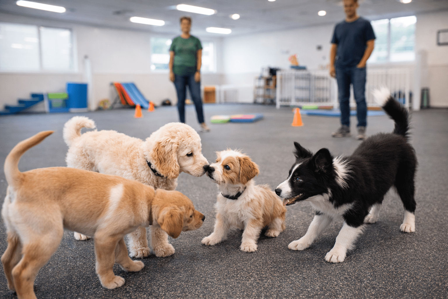 10 Most Trainable Dog Breeds That Learn Fast 5 Four puppies of different breeds interact and play together in an indoor training facility, while two people watch them in the background. The room contains colorful training equipment and orange cones.