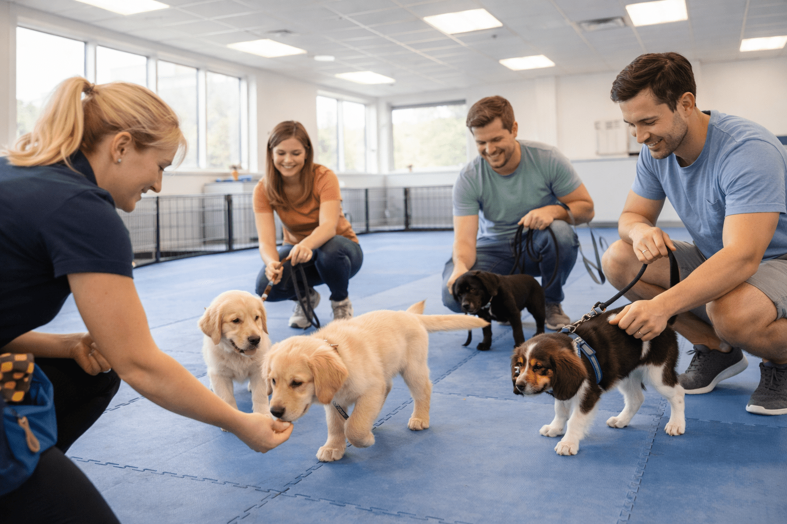 Best Dogs for First Time Owners: Complete Breed Guide 6 Four adults kneel on a blue floor inside a bright room, interacting with puppies. Some puppies are being held on leashes, while one woman offers treats to two golden retriever puppies exploring nearby.
