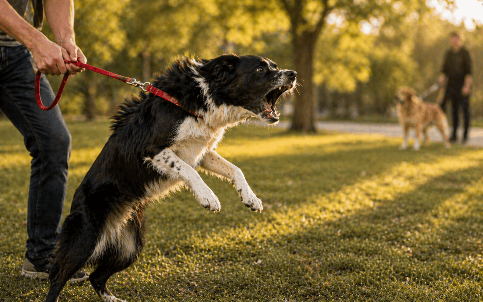 Reactive vs Aggressive Dog: How to Tell the Difference 1 Reactive dog barking and lunging on leash at trigger showing defensive body language