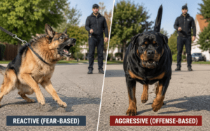 Reactive vs aggressive dog showing different body language signals during training session