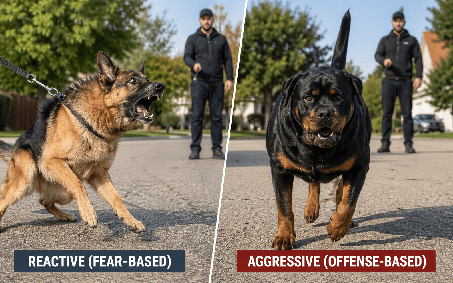 Reactive vs aggressive dog showing different body language signals during training session