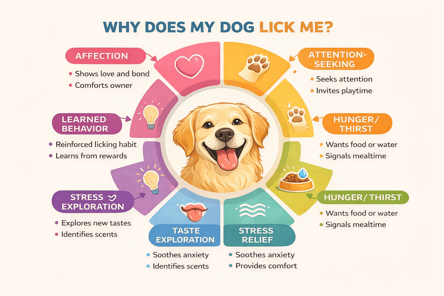 Why Does My Dog Lick Me So Much? Understanding Your Dog's Behavior 2 Infographic with a happy dog in the center, surrounded by reasons dogs lick: affection, attention-seeking, hunger/thirst, stress relief, taste exploration, stress/exploration, and learned behavior, each with icons and brief descriptions.