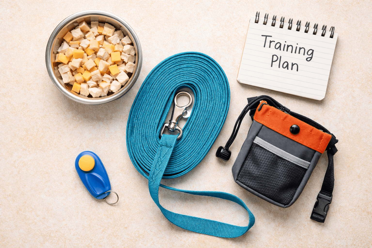 How to Teach Dog to Come: Complete Training Guide 2 Flat lay of dog training essentials: a bowl of cubed treats, a blue leash, a clicker, a black and orange treat pouch, and a notepad labeled "Training Plan" on a light surface.
