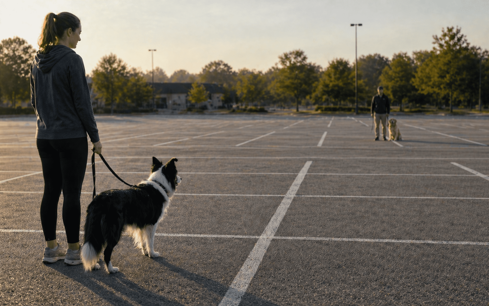 How to Socialize a Reactive Dog 2 Two dogs maintaining safe threshold distance during reactive dog socialization training session