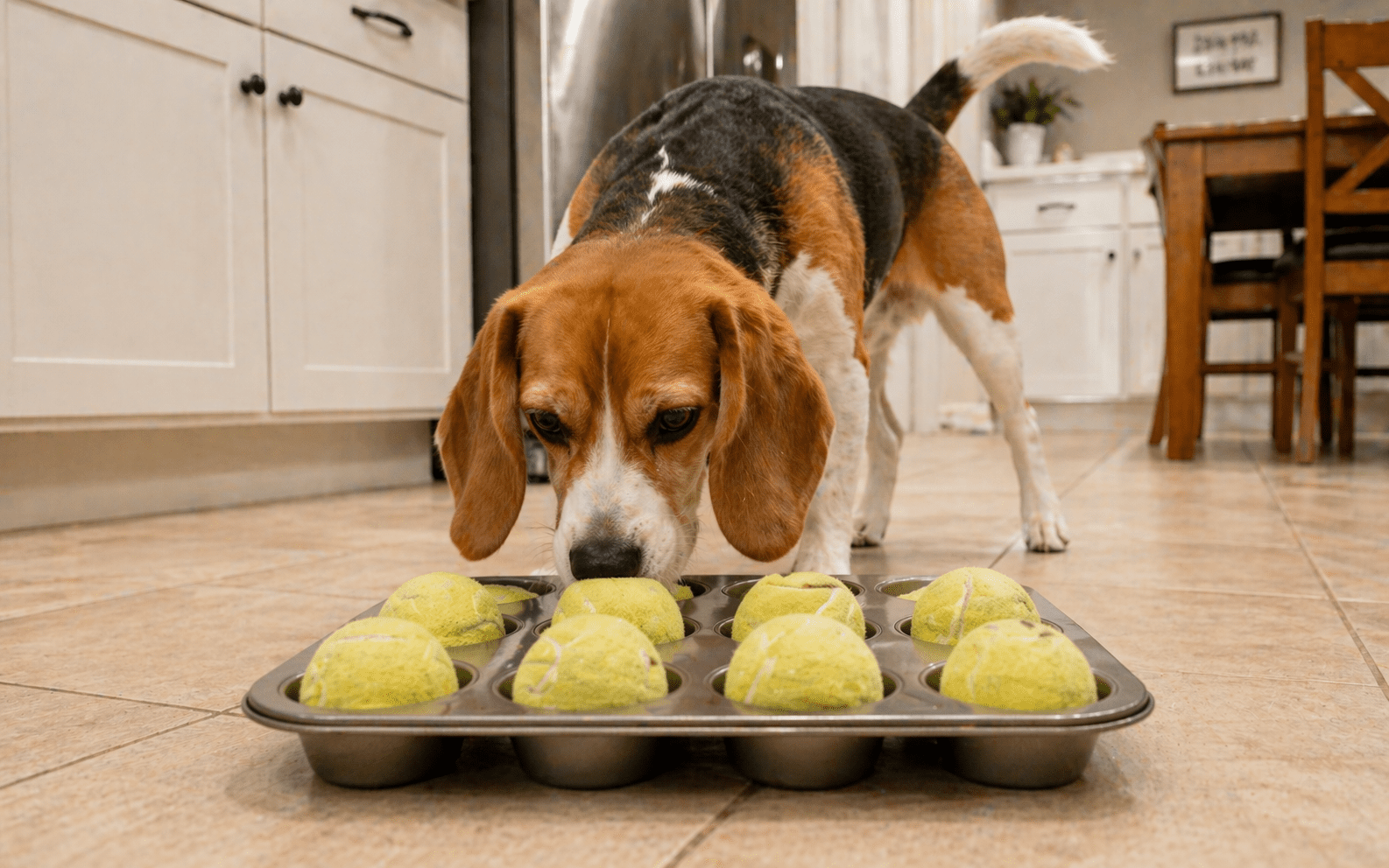 How to Entertain Your Dog Indoor: Games, Activities, and Mental Stimulation 5 Beagle using nose to find hidden treats in muffin tin scent work game