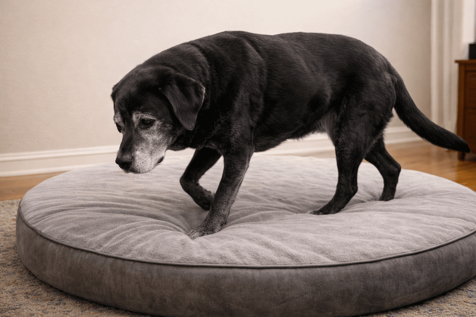 Why Do Dogs Circle Before Lying Down? 4 An elderly black dog with a gray muzzle stands on a large, round, soft gray pet bed in a cozy indoor setting with wooden floors and light walls.