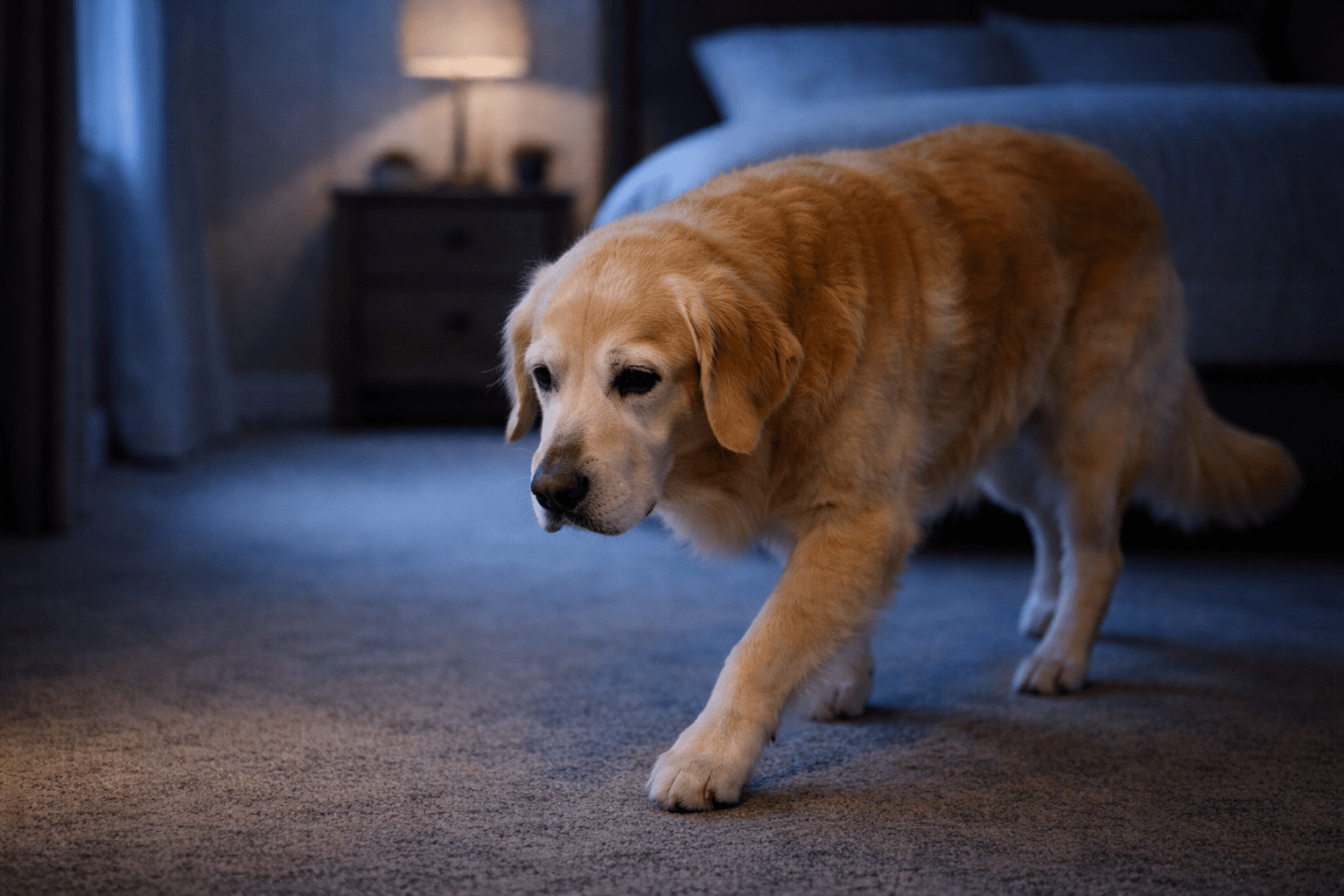 Why Is My Dog Pacing and How to Help Them Settle 3 Border Collie showing pain-related pacing behavior with stiff movement and uncomfortable posture
