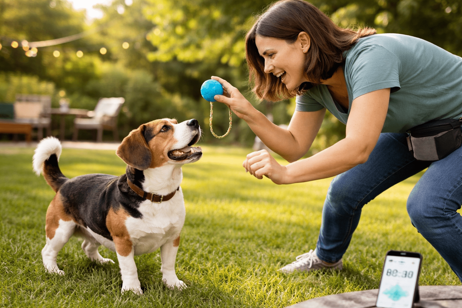 How to Train a Stubborn Dog 3 A woman in a green shirt smiles while playing fetch with a beagle in a grassy backyard. She holds a blue ball on a rope. A phone with a timer is on the grass, and outdoor lights hang in the background.
