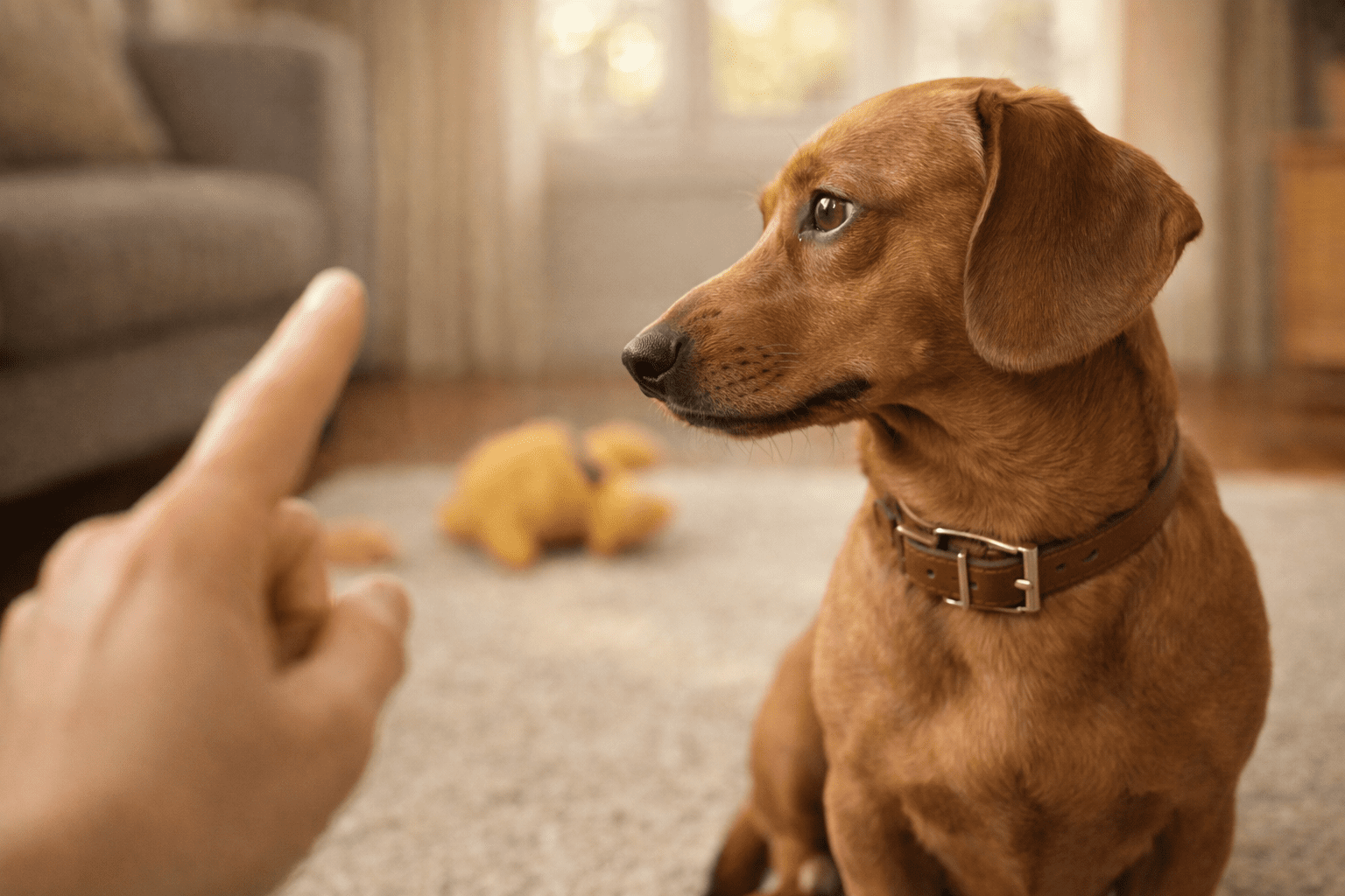 How to Train a Stubborn Dog 1 A small brown dog wearing a collar sits on a carpet, looking to the side, while a hand points toward it. A blurred plush toy and sofa are visible in the background.