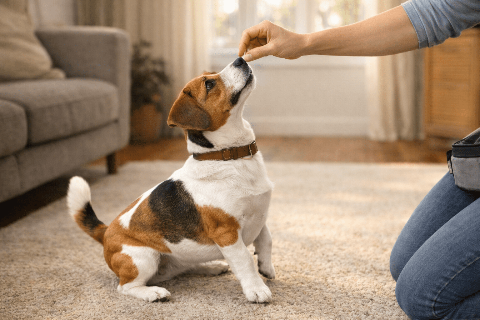 How to Train a Stubborn Dog 4 A small tricolor dog sits on a carpet while a person kneeling nearby holds a treat above its nose, training the dog indoors in a cozy living room.
