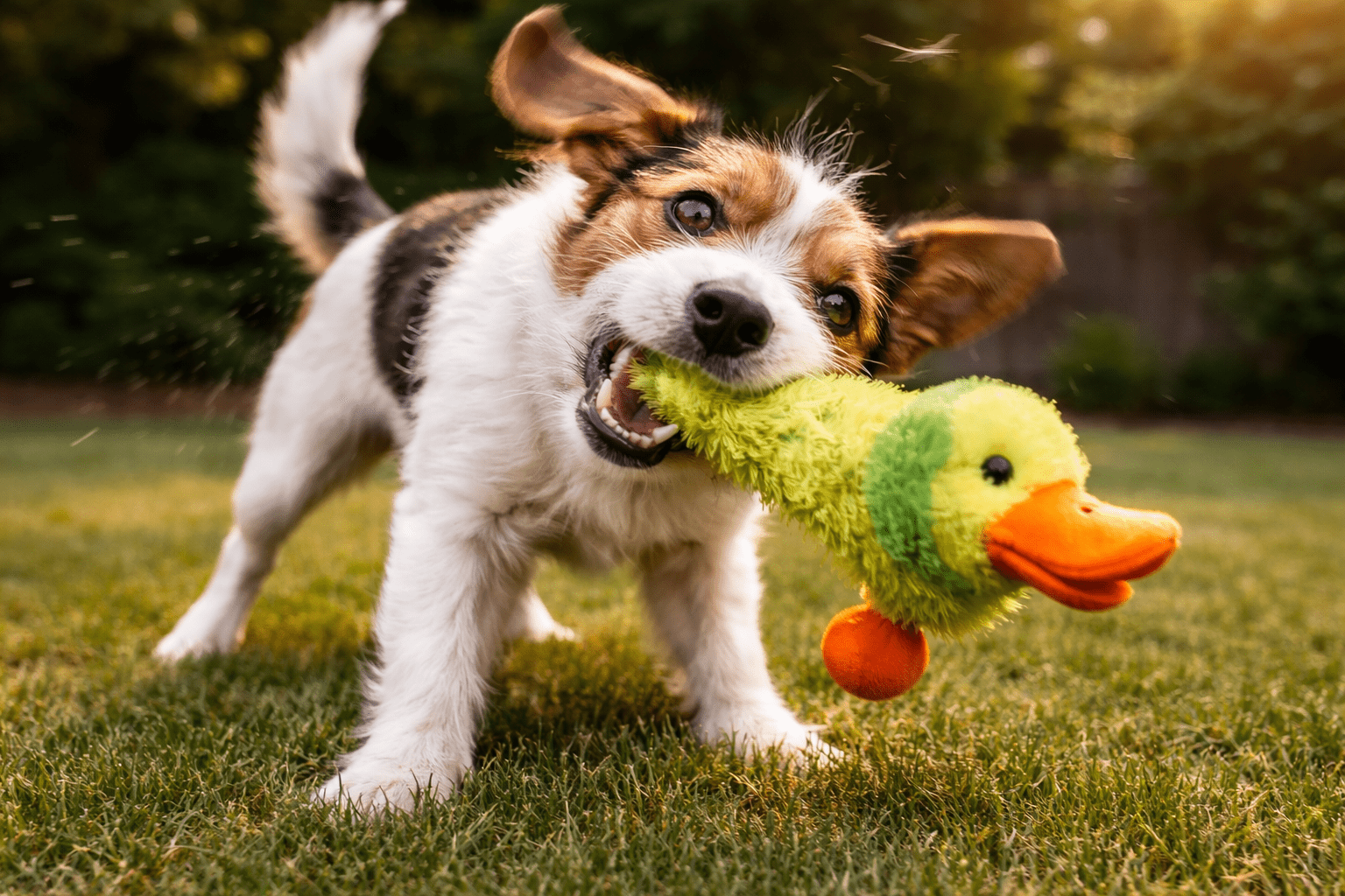 Why Do Dogs Like Squeaky Toys? (The Science Behind the Obsession) 2 A playful dog standing on grass bites and tugs at a green and yellow plush duck toy, with its ears perked and tail wagging, in a sunlit outdoor setting.