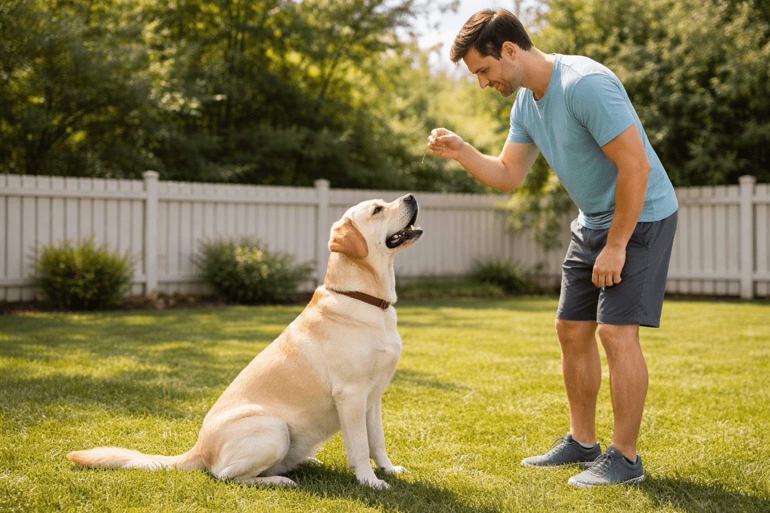 Best Dogs for First Time Owners: Complete Breed Guide 2 A man in a blue shirt and gray shorts stands on a grassy lawn, holding a treat above a large yellow Labrador retriever that is sitting and looking up at him. A white fence and trees are in the background.