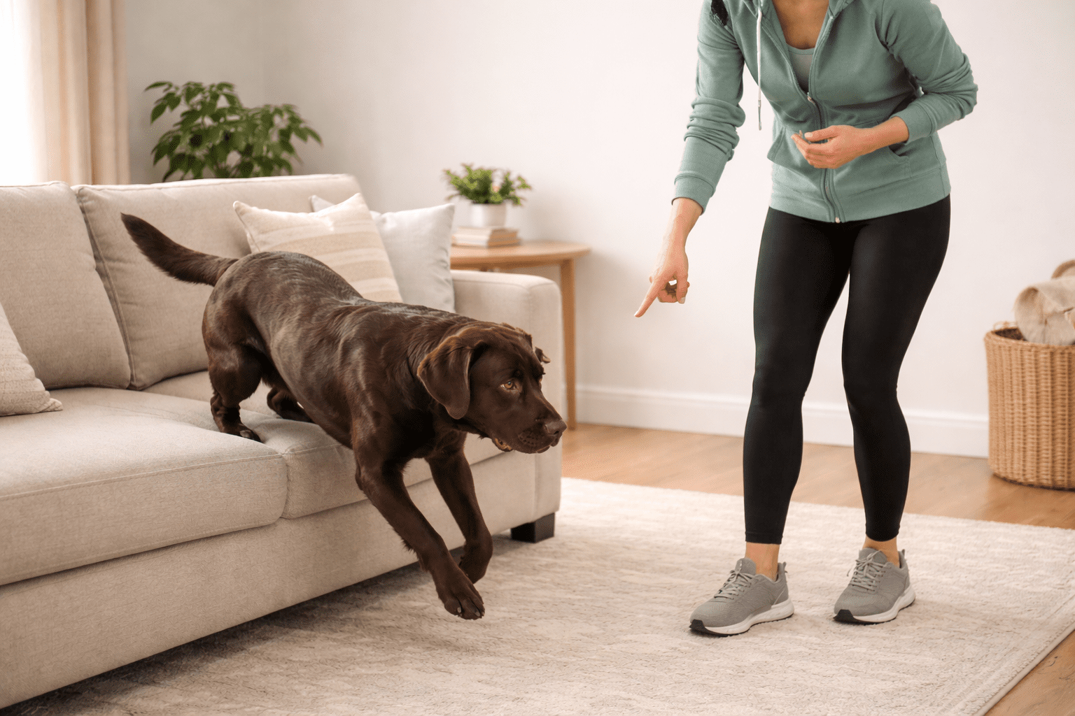 How Do You Keep Your Dog Off the Couch 1 Professional dog trainer teaching off command to prevent couch jumping behavior