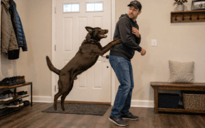 Excited Labrador Retriever jumping up on owner during greeting at home entrance